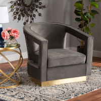 Baxton Studio TSF-6743-Grey Velvet/Gold-CC Neville Modern Luxe and Glam Grey Velvet Fabric Upholstered and Gold Finished Metal Armchairf